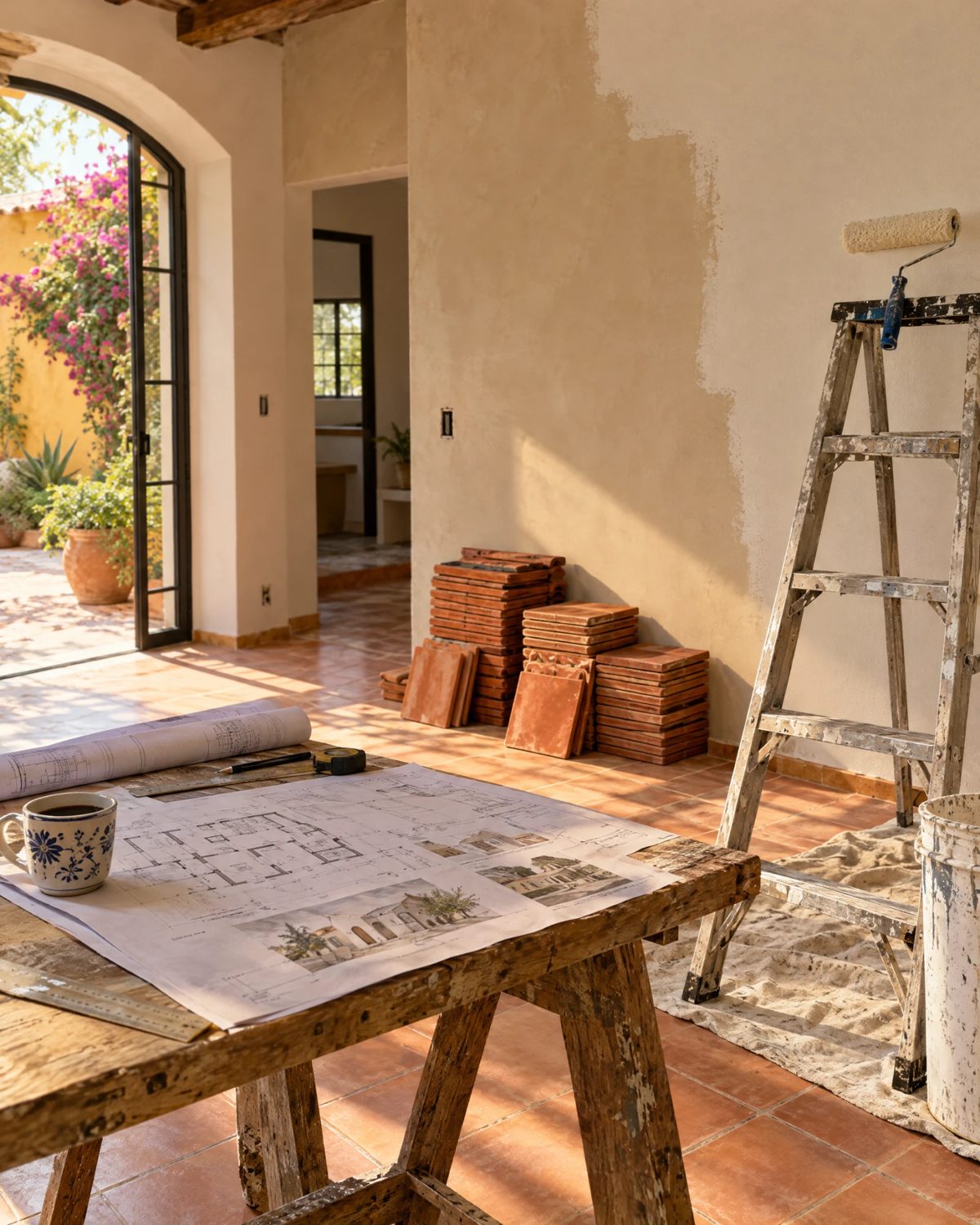 Casa en proceso de renovación con luz cálida